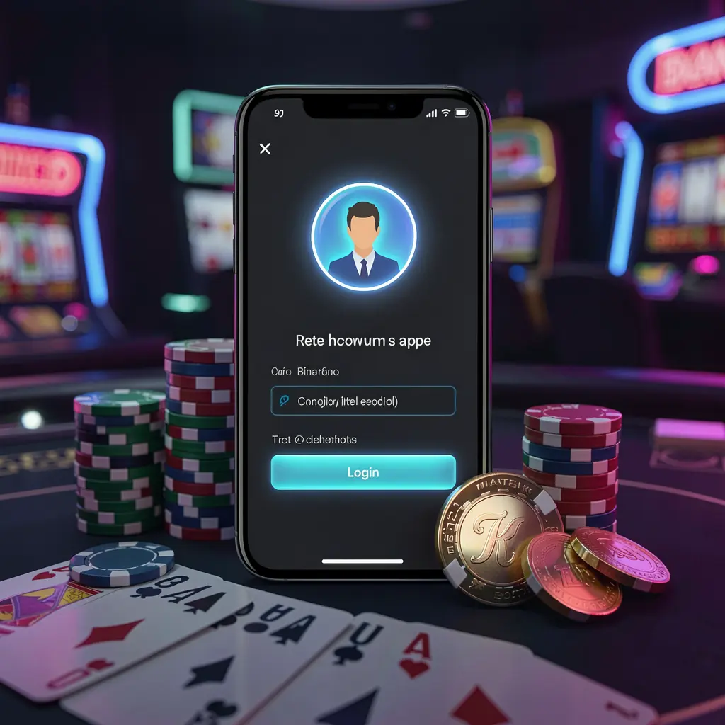 TKQQ casino app login scene on a smartphone with a glowing user profile icon, surrounded by chips, cards, and coins against an elegant dark background with neon highlights