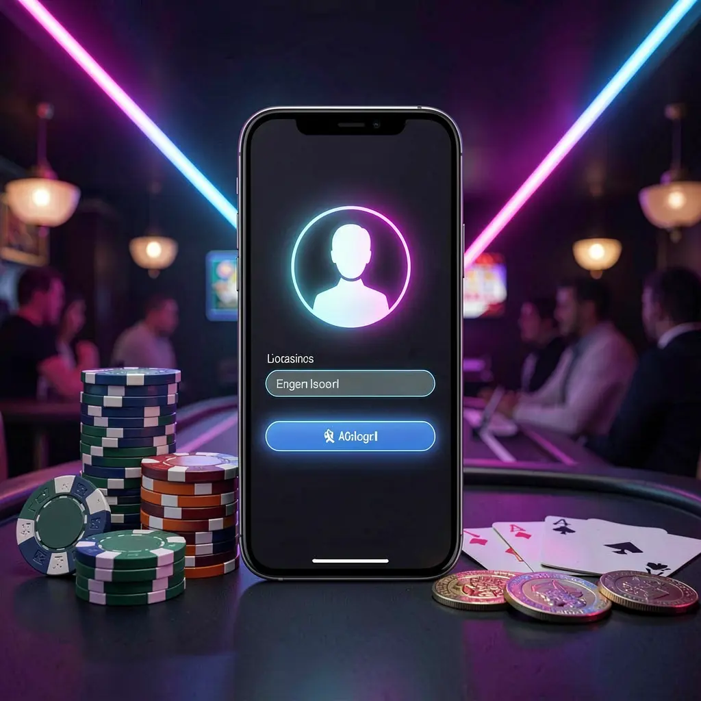 TKQQ casino app login scene on smartphone with glowing user profile icon, poker chips, playing cards, and coins on an elegant dark background with neon highlights