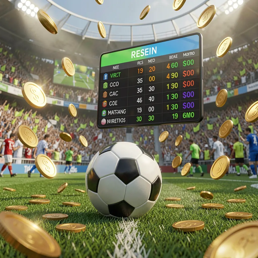 Realistic 3D illustration of a football match atmosphere in a packed stadium with a soccer ball in the foreground and floating digital odds interface, golden coins flying, showcasing TKQQ sports betting experience Realistic 3D illustration of a football match atmosphere in a packed stadium with a soccer ball in the foreground and floating digital odds interface, golden coins flying, showcasing TKQQ sports betting experience