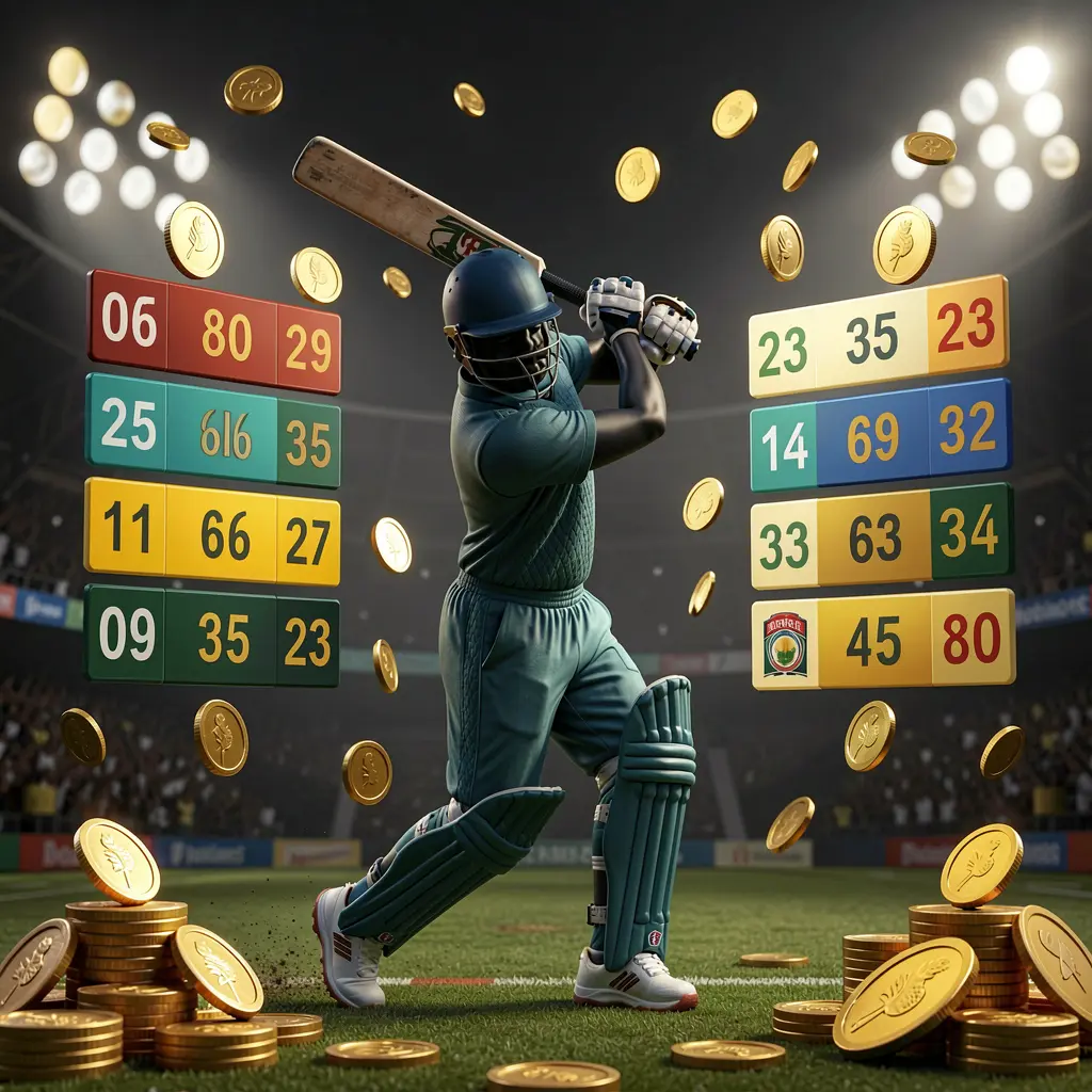 TKQQ live cricket odds visual featuring a cricket player silhouette batting under stadium lights with floating odds graphics and golden coins on a premium dark sports background TKQQ live cricket odds visual featuring a cricket player silhouette batting under stadium lights with floating odds graphics and golden coins on a premium dark sports background