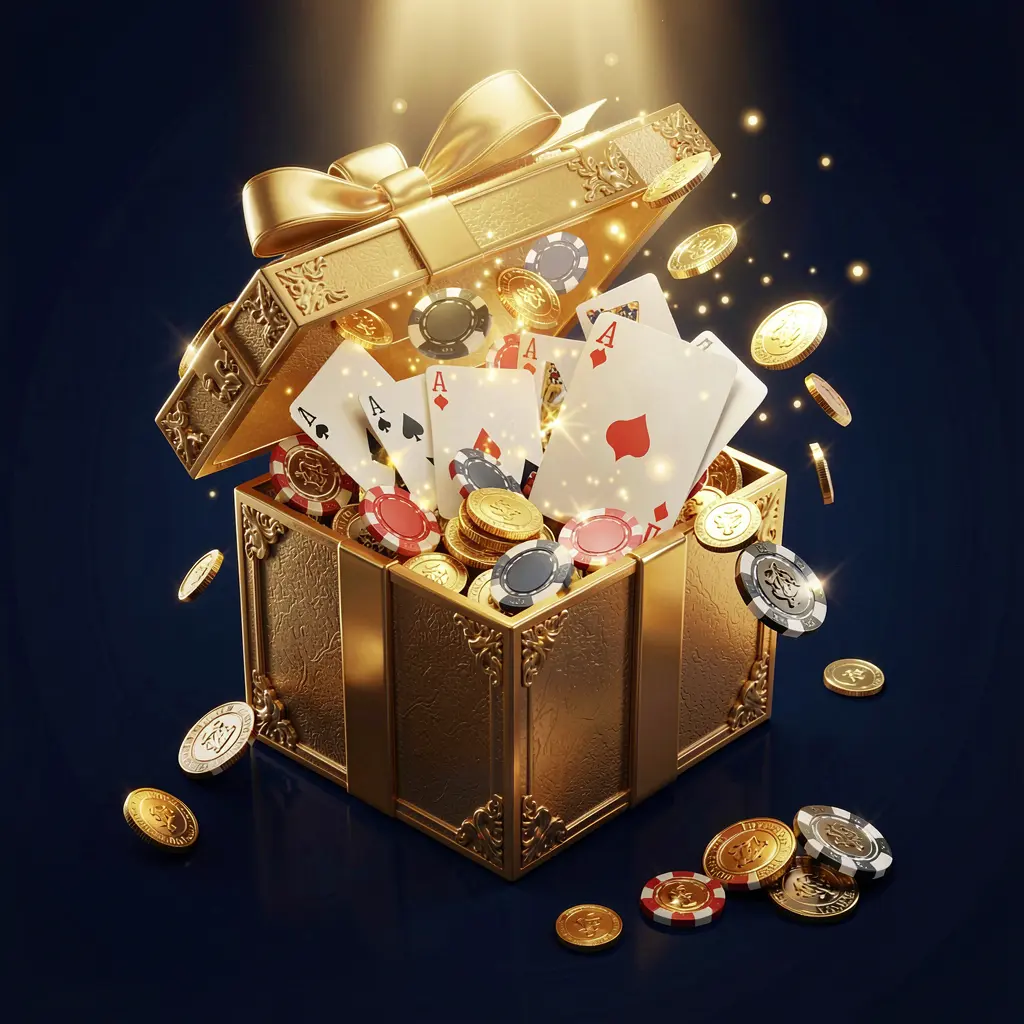 A luxurious welcome bonus scene for TKQQ online casino featuring an open golden gift box with casino chips, playing cards, and sparkling coins bursting out against a premium dark blue and black background with a bright golden glow in an elegant festive mood