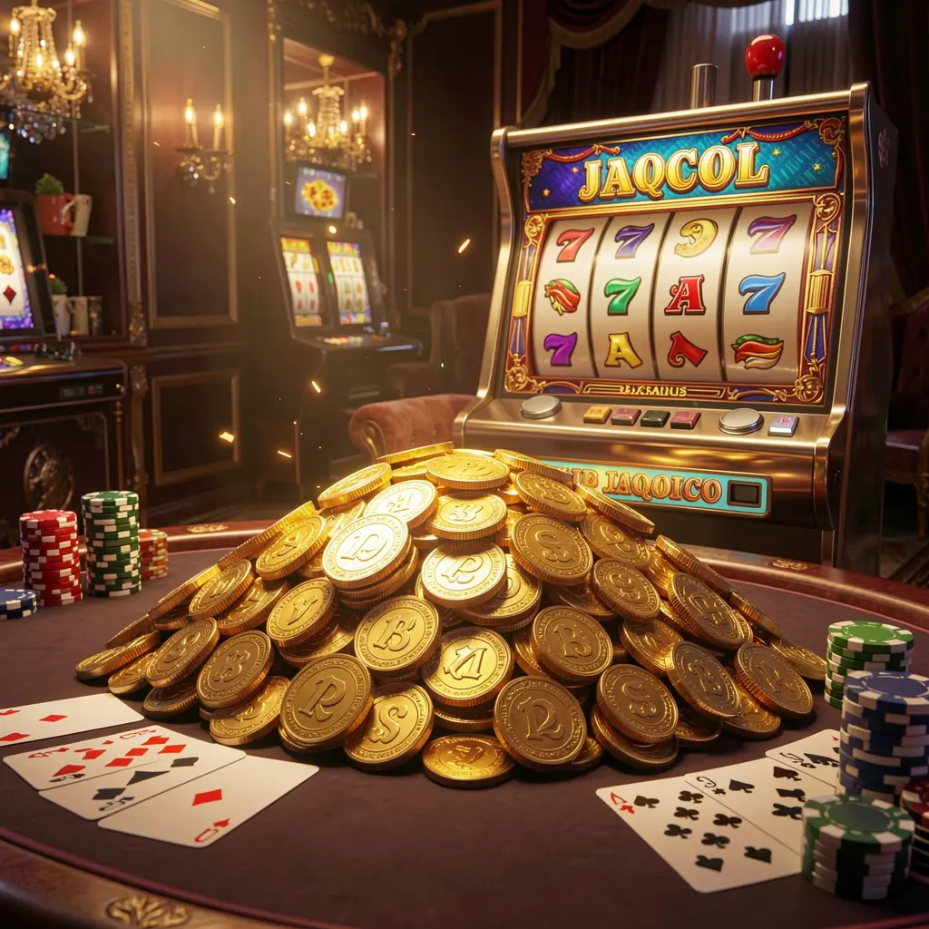 TKQQ online casino jackpot bonus scene featuring a massive pile of golden coins, a slot machine with glowing jackpot lights, poker chips and playing cards on a luxury table under dramatic cinematic lighting