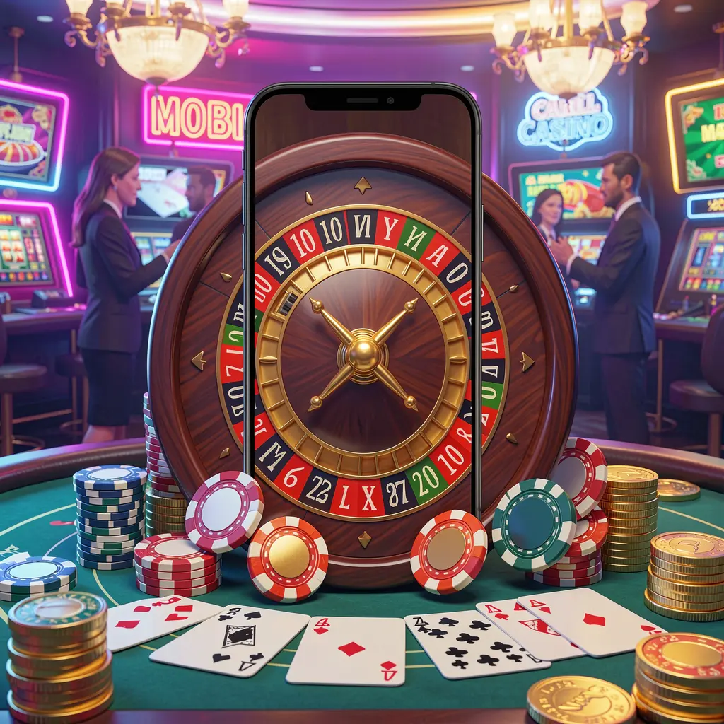 TKQQ mobile casino experience showing a smartphone surrounded by a roulette wheel, chips, cards, and coins in a bright neon casino atmosphere