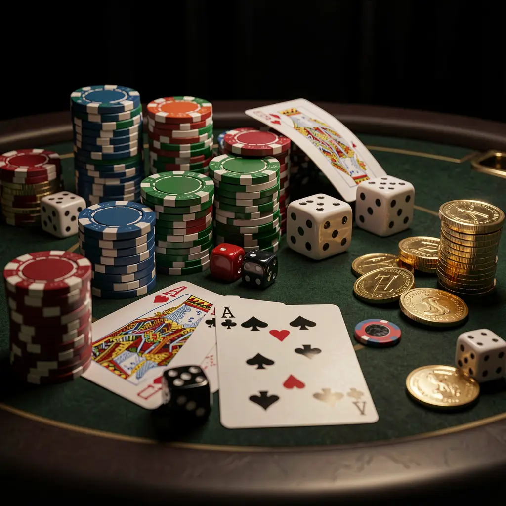 Close-up of an elegant TKQQ casino table featuring poker chips, playing cards, dice, and gold coins on a luxury black background with soft cinematic lighting