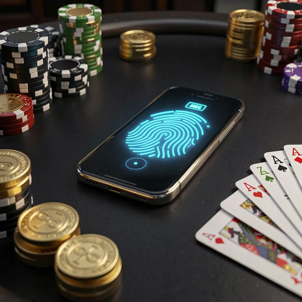 TKQQ online casino authentication concept showing a phone with a glowing fingerprint scan on a premium black table surrounded by poker chips, golden coins, and playing cards in a cinematic 3D render TKQQ online casino authentication concept showing a phone with a glowing fingerprint scan on a premium black table surrounded by poker chips, golden coins, and playing cards in a cinematic 3D render