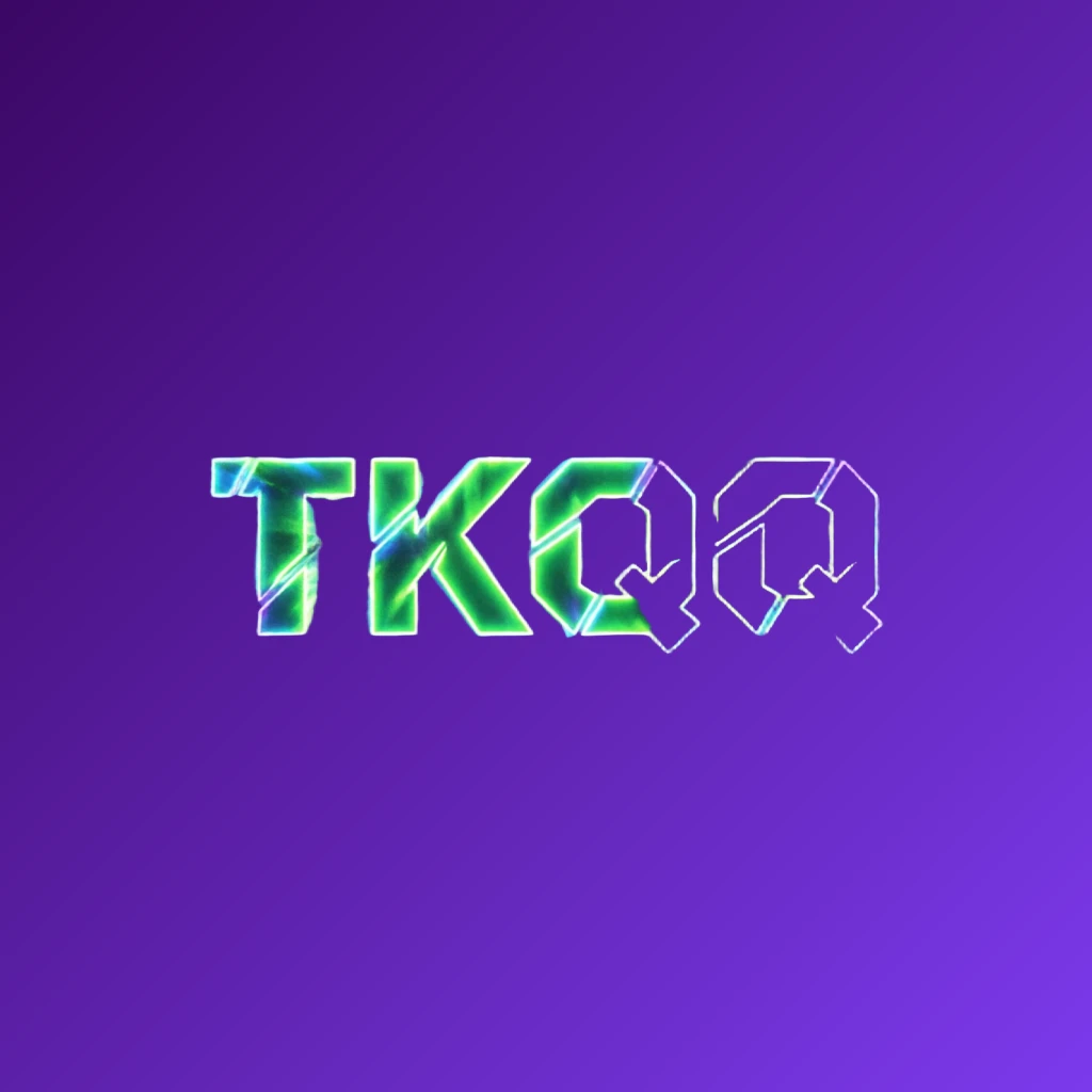 Futuristic neon logo for TKQQ with thick angular typography in vivid green, blue, and purple glow, featuring sharp tech-inspired details on a transparent background, designed as a wide horizontal rectangular wordmark for a website header