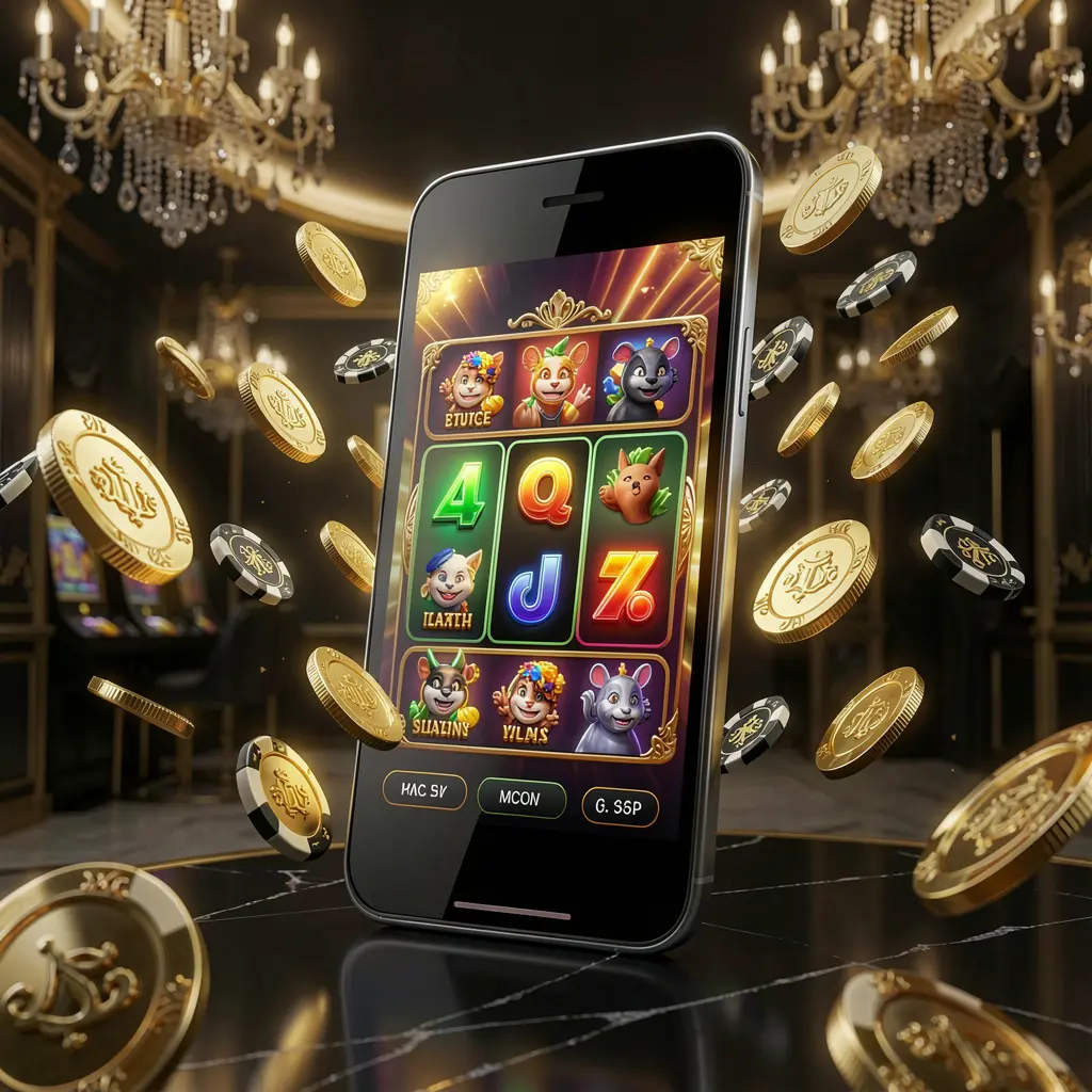 Modern online casino main page visual by TKQQ featuring a smartphone with a glowing gaming interface surrounded by flying coins and chips in a black and gold luxury atmosphere